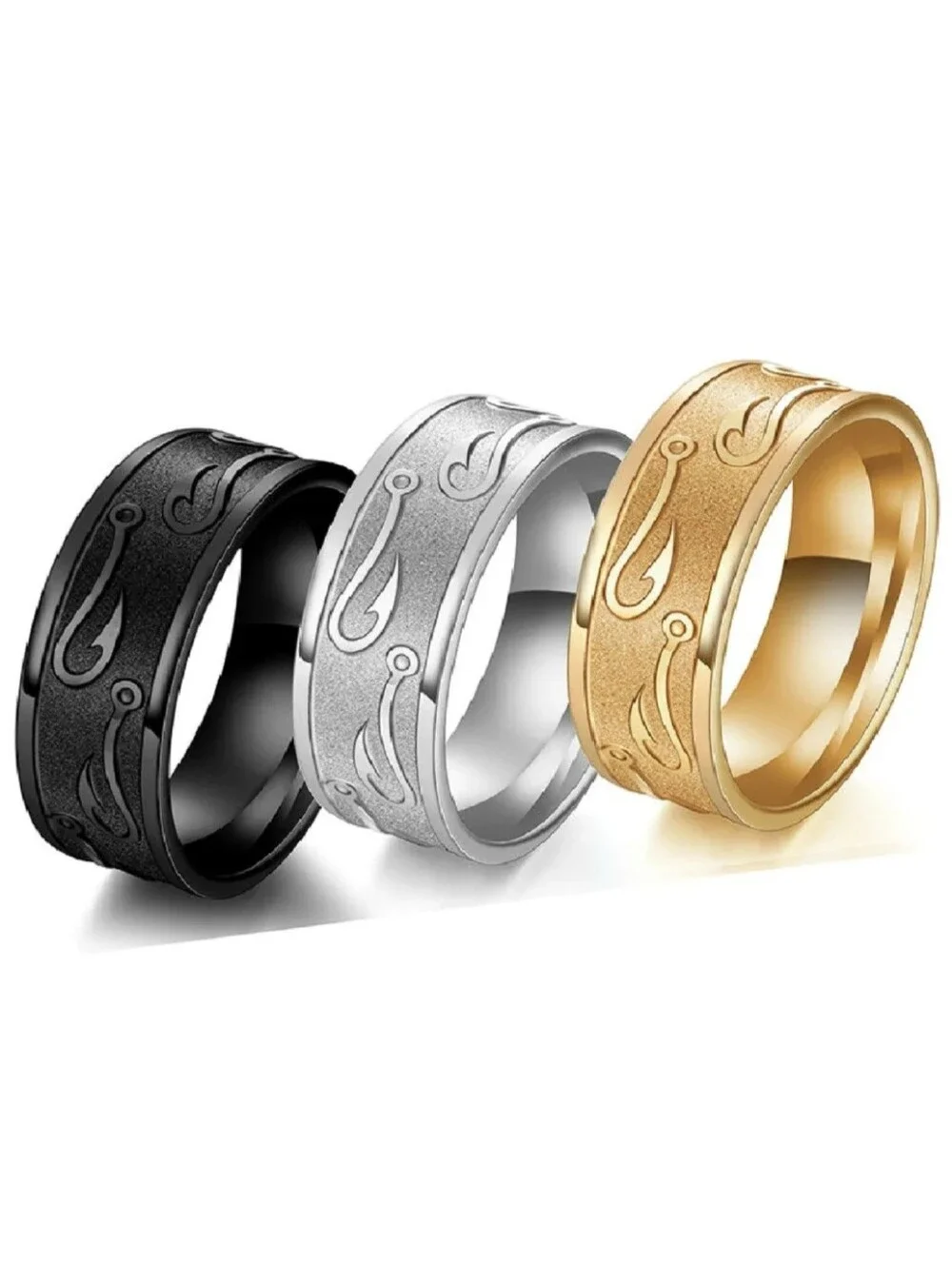 Tungsten Carbide FISHING HOOK Fisherman Angling Gold Silver Black 8mm Band Ring